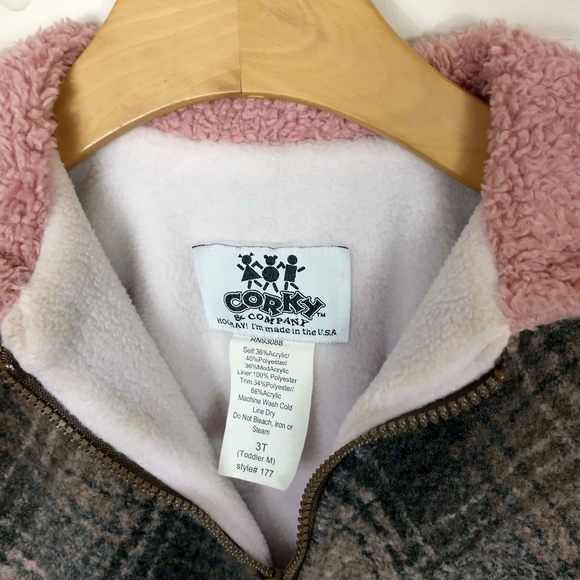 Vintage Corky Company Fleece Jacket Hat 3T Pink Plaid Floral Coat Pckt USA 1990s - Picture 7 of 14